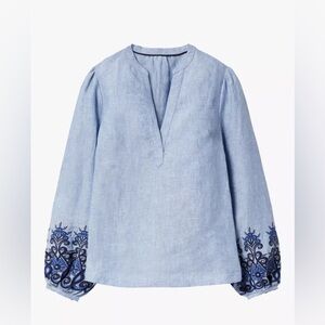 BODEN Eden Embroidered Top Blue Long Sleeve Linen Size 10